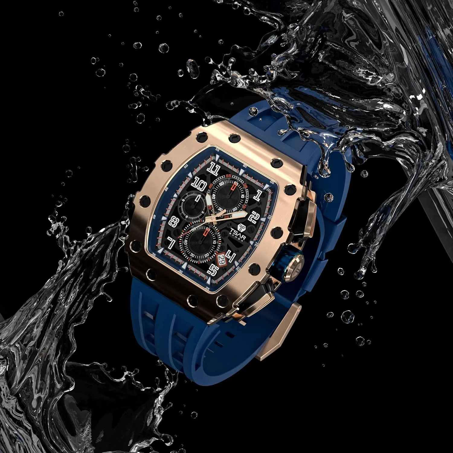 Men's Automatic Watch Mechanical Tonneau Luxury Skeleton Watches for Men 50M Waterproof Analogue Work Mens Wrist Watch Unique Cool Design Square Big Face Wristwatch