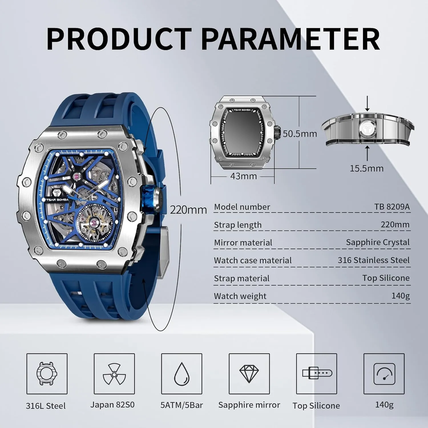 Men's Automatic Watch Mechanical Tonneau Luxury Skeleton Watches for Men 50M Waterproof Analogue Work Mens Wrist Watch Unique Cool Design Square Big Face Wristwatch