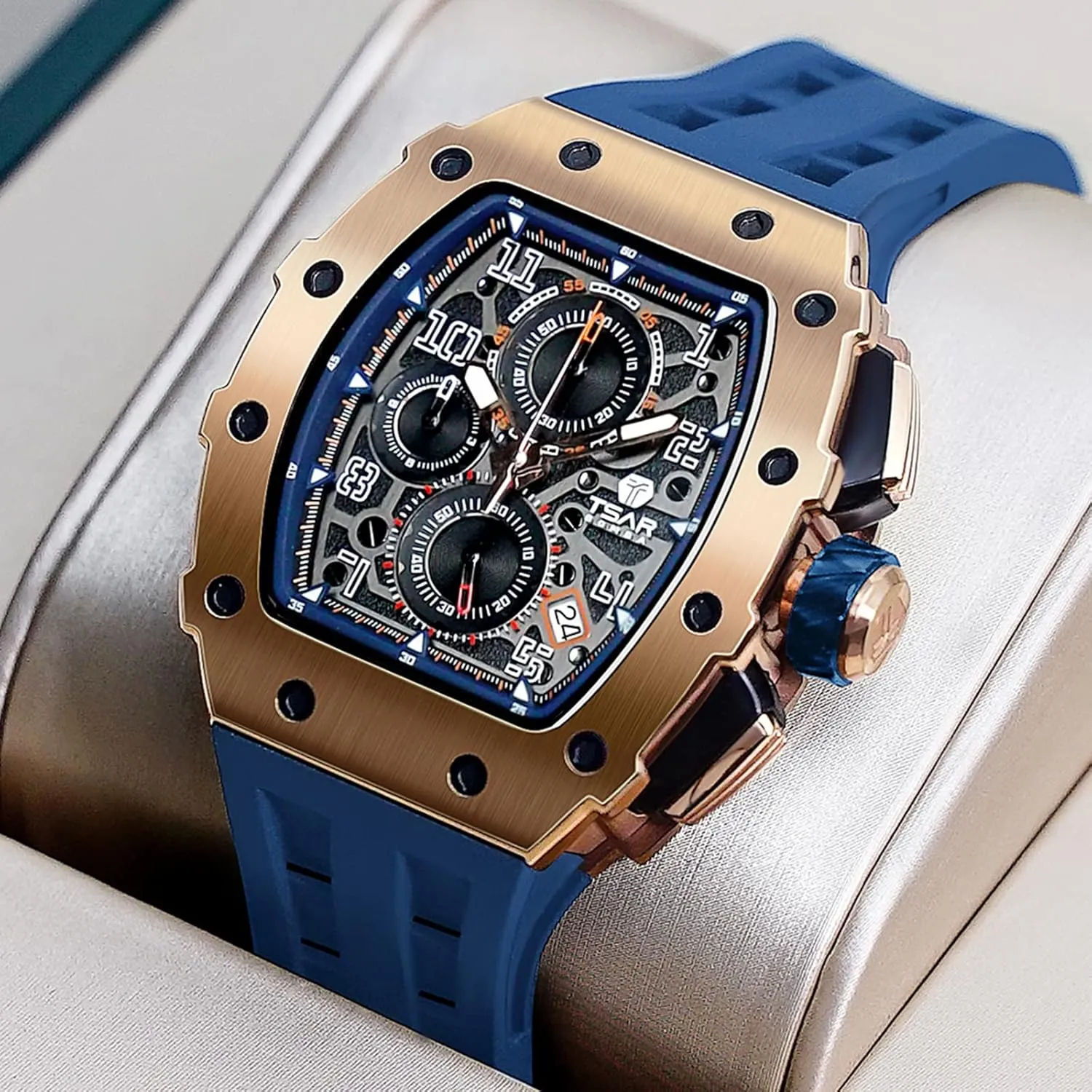 Men's Automatic Watch Mechanical Tonneau Luxury Skeleton Watches for Men 50M Waterproof Analogue Work Mens Wrist Watch Unique Cool Design Square Big Face Wristwatch