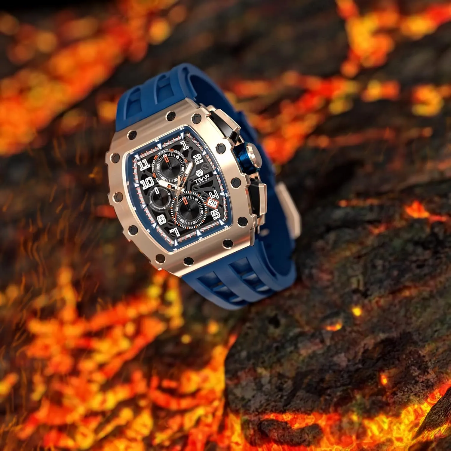 Men's Automatic Watch Mechanical Tonneau Luxury Skeleton Watches for Men 50M Waterproof Analogue Work Mens Wrist Watch Unique Cool Design Square Big Face Wristwatch