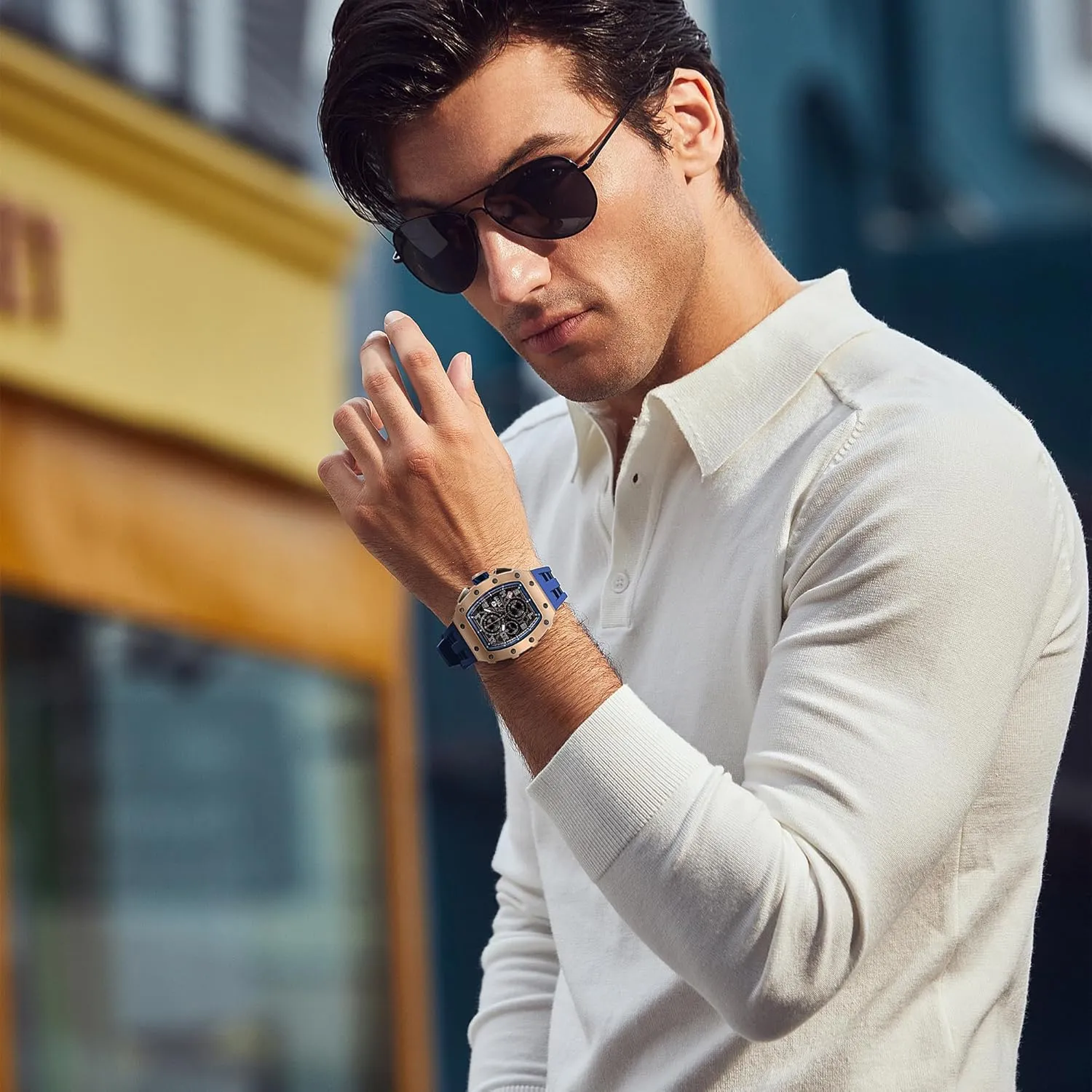 Men's Automatic Watch Mechanical Tonneau Luxury Skeleton Watches for Men 50M Waterproof Analogue Work Mens Wrist Watch Unique Cool Design Square Big Face Wristwatch
