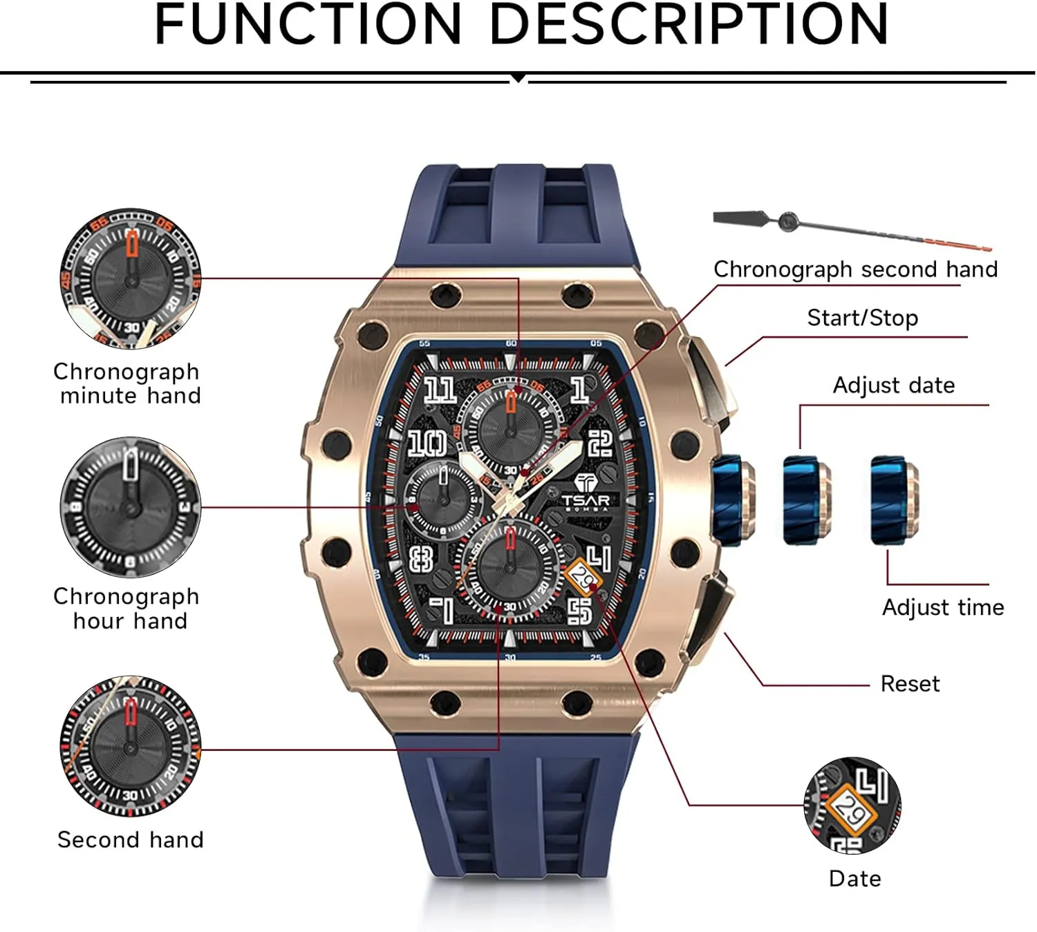 Men's Automatic Watch Mechanical Tonneau Luxury Skeleton Watches for Men 50M Waterproof Analogue Work Mens Wrist Watch Unique Cool Design Square Big Face Wristwatch