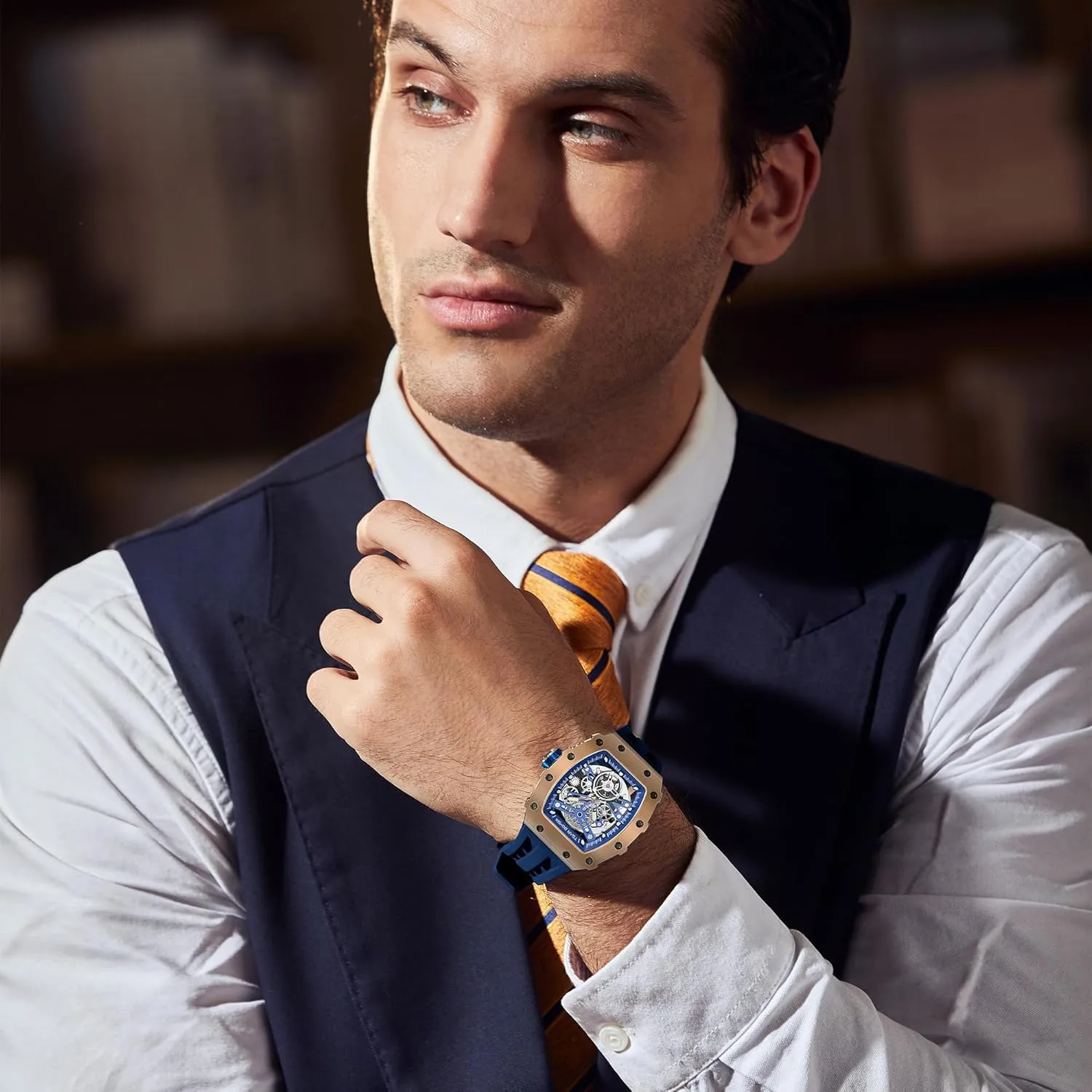 Men's Automatic Watch Tonneau Luxury Skeleton Watches for Men Mechanical 50M Waterproof Analogue Watches Mens Unique Cool Square Big Face Dial Wristwatch with Silicone Strap Band
