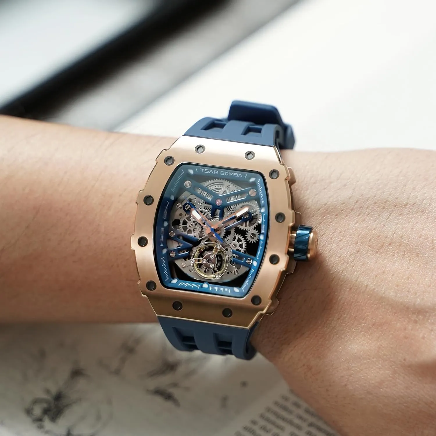Men's Automatic Watch Tonneau Luxury Skeleton Watches for Men Mechanical 50M Waterproof Analogue Watches Mens Unique Cool Square Big Face Dial Wristwatch with Silicone Strap Band