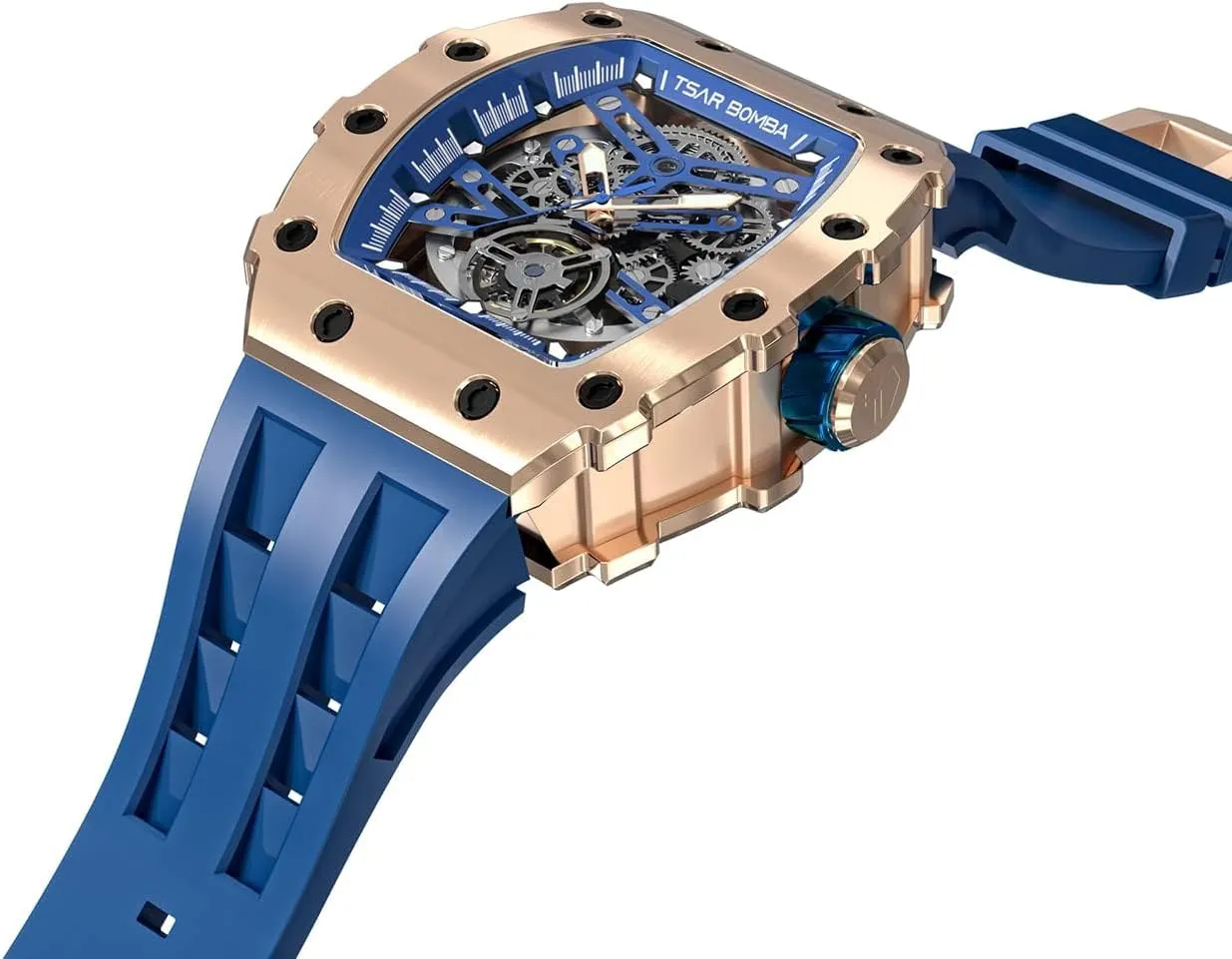 Men's Automatic Watch Tonneau Luxury Skeleton Watches for Men Mechanical 50M Waterproof Analogue Watches Mens Unique Cool Square Big Face Dial Wristwatch with Silicone Strap Band
