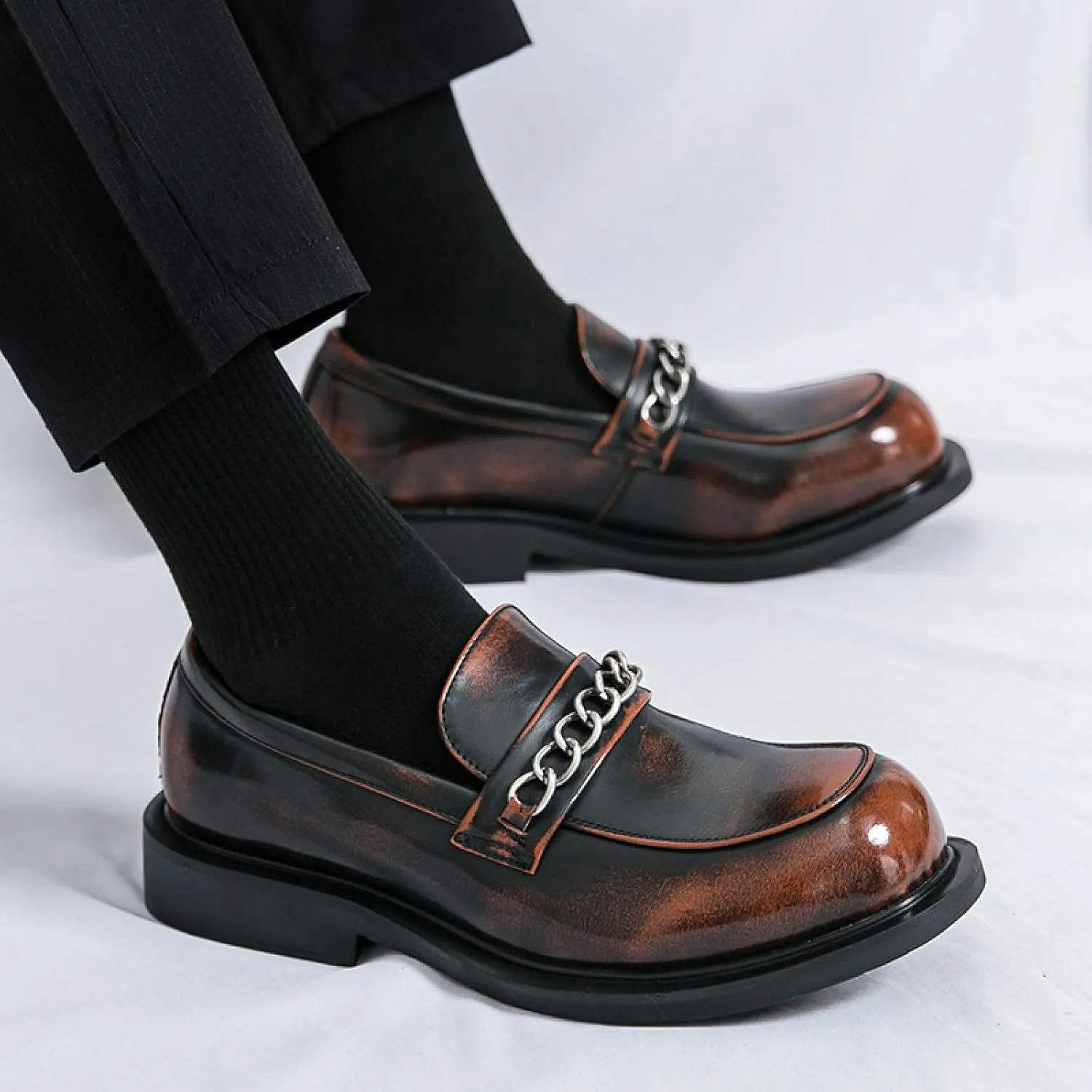 Men's Chain Penny Loafers Round Toe Soft Bottom Non-Slip Slip-On Low Heel Business Dress Shoes for Office Work Party