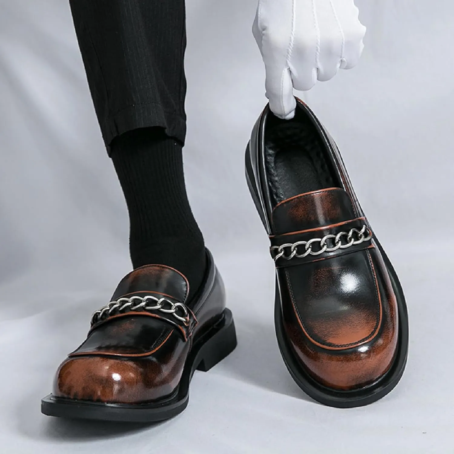 Men's Chain Penny Loafers Round Toe Soft Bottom Non-Slip Slip-On Low Heel Business Dress Shoes for Office Work Party