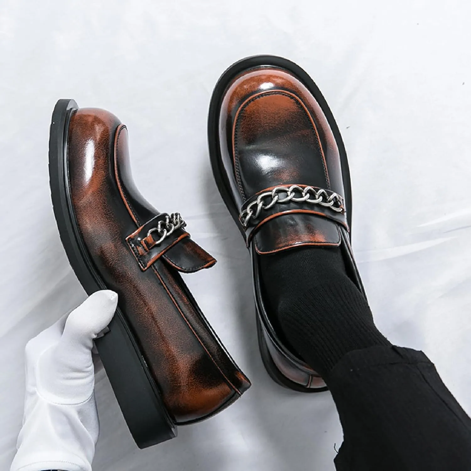 Men's Chain Penny Loafers Round Toe Soft Bottom Non-Slip Slip-On Low Heel Business Dress Shoes for Office Work Party