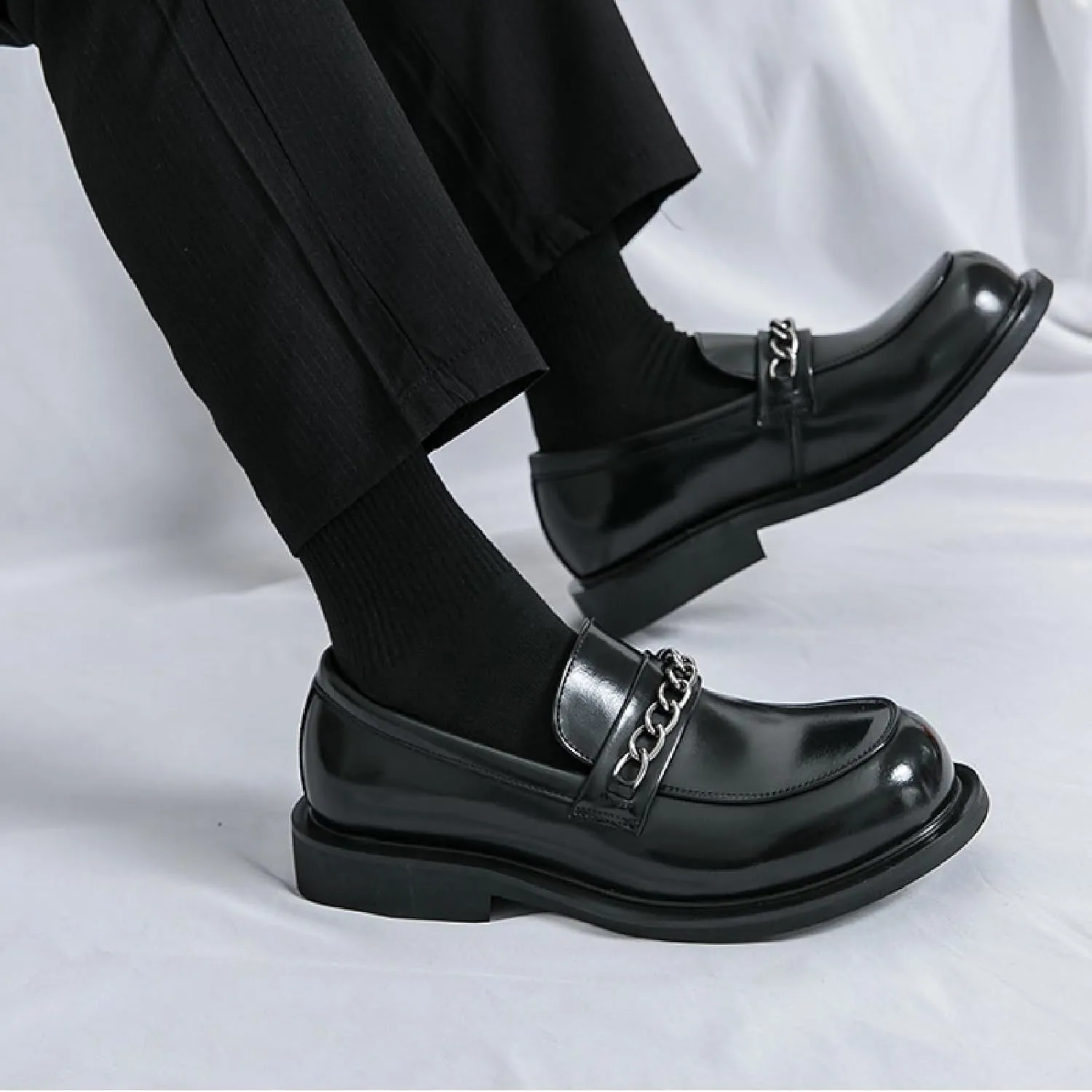 Men's Chain Penny Loafers Round Toe Soft Bottom Non-Slip Slip-On Low Heel Business Dress Shoes for Office Work Party