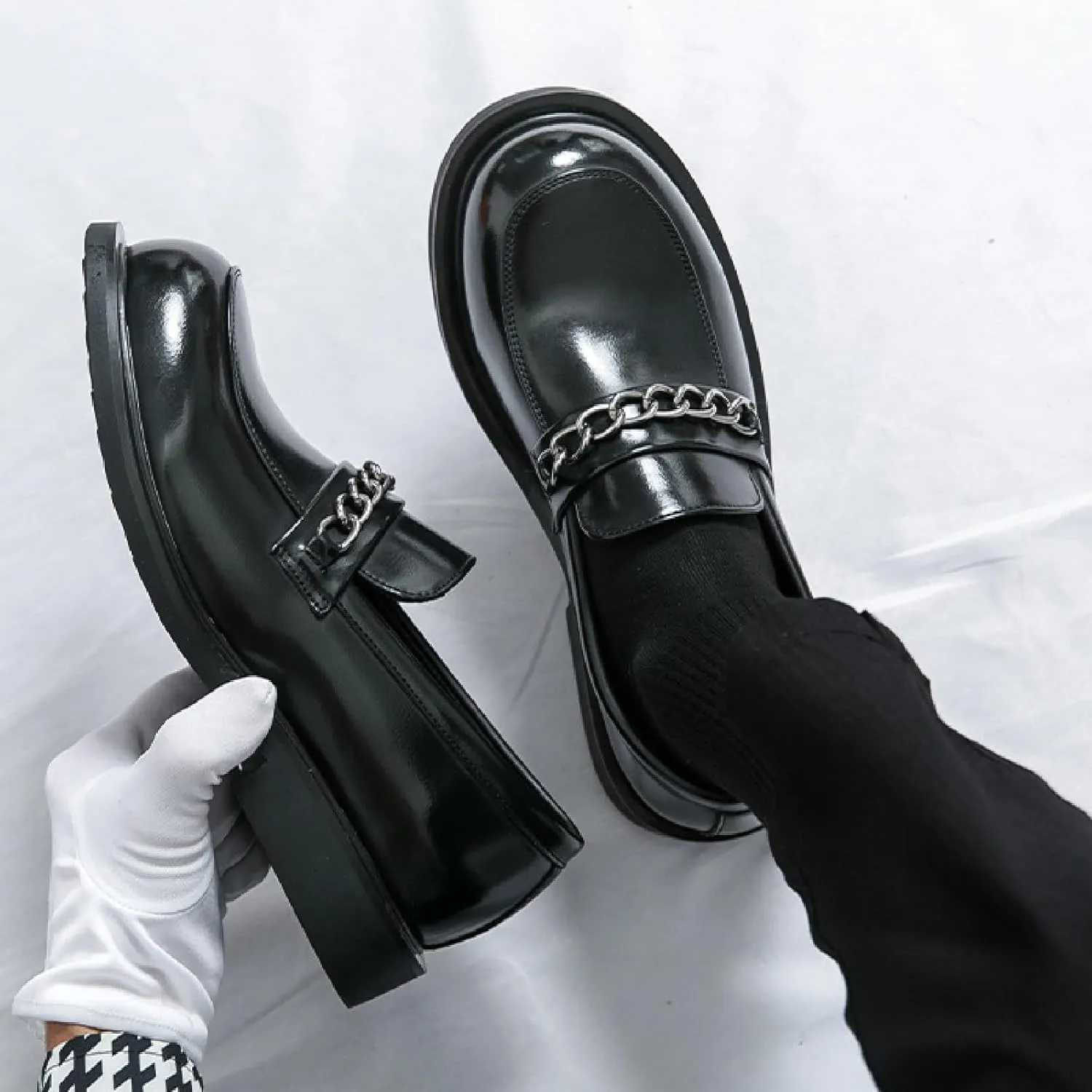 Men's Chain Penny Loafers Round Toe Soft Bottom Non-Slip Slip-On Low Heel Business Dress Shoes for Office Work Party