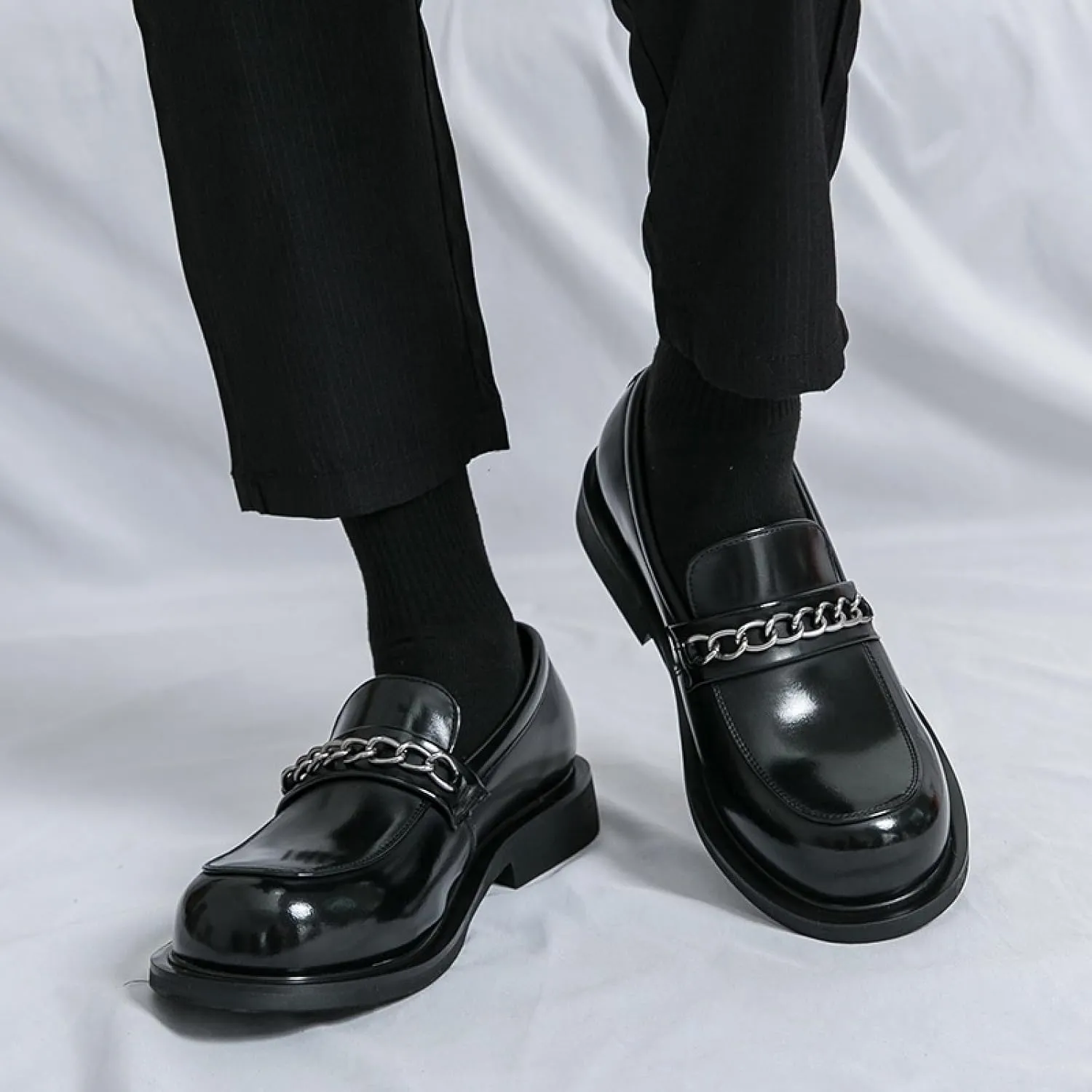 Men's Chain Penny Loafers Round Toe Soft Bottom Non-Slip Slip-On Low Heel Business Dress Shoes for Office Work Party