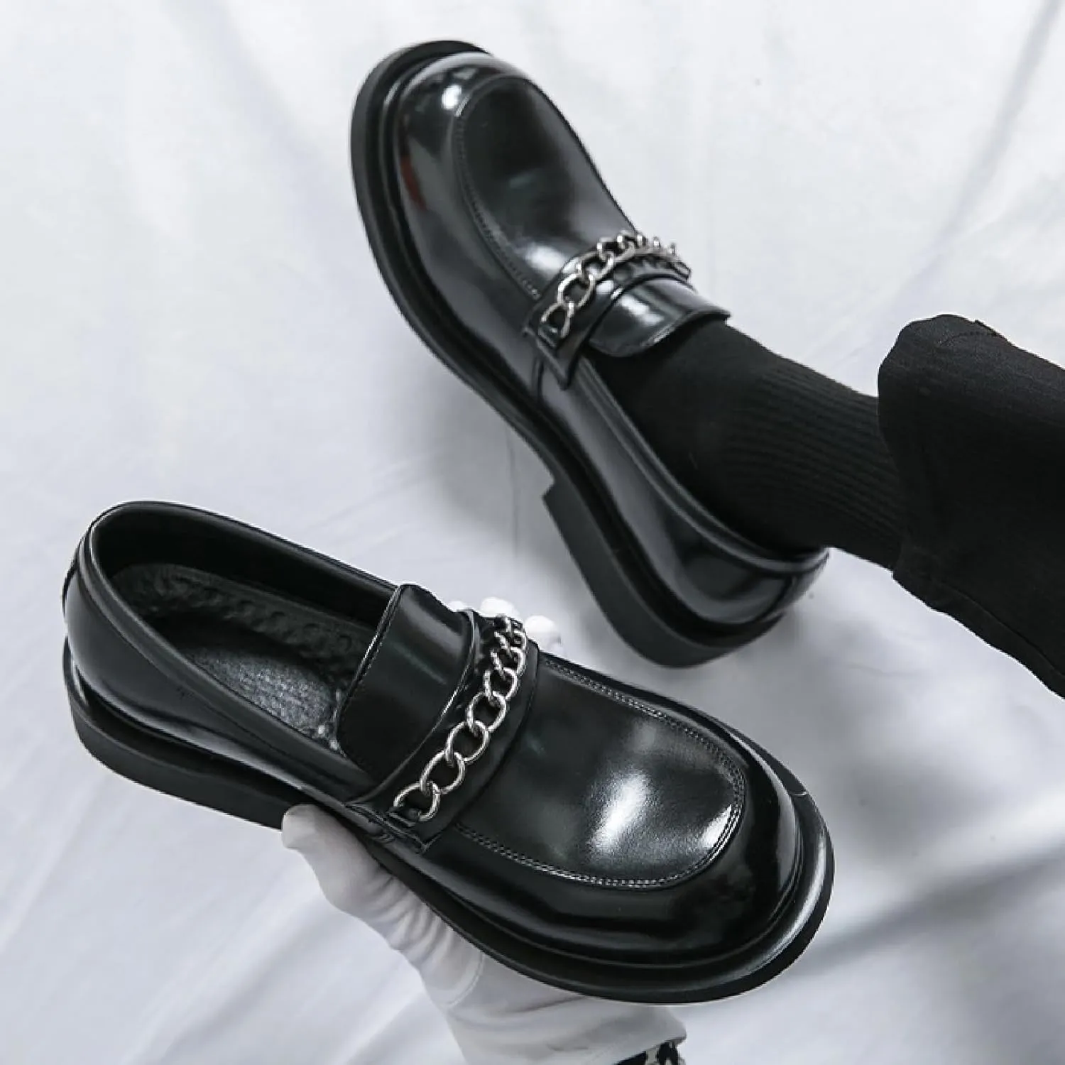 Men's Chain Penny Loafers Round Toe Soft Bottom Non-Slip Slip-On Low Heel Business Dress Shoes for Office Work Party