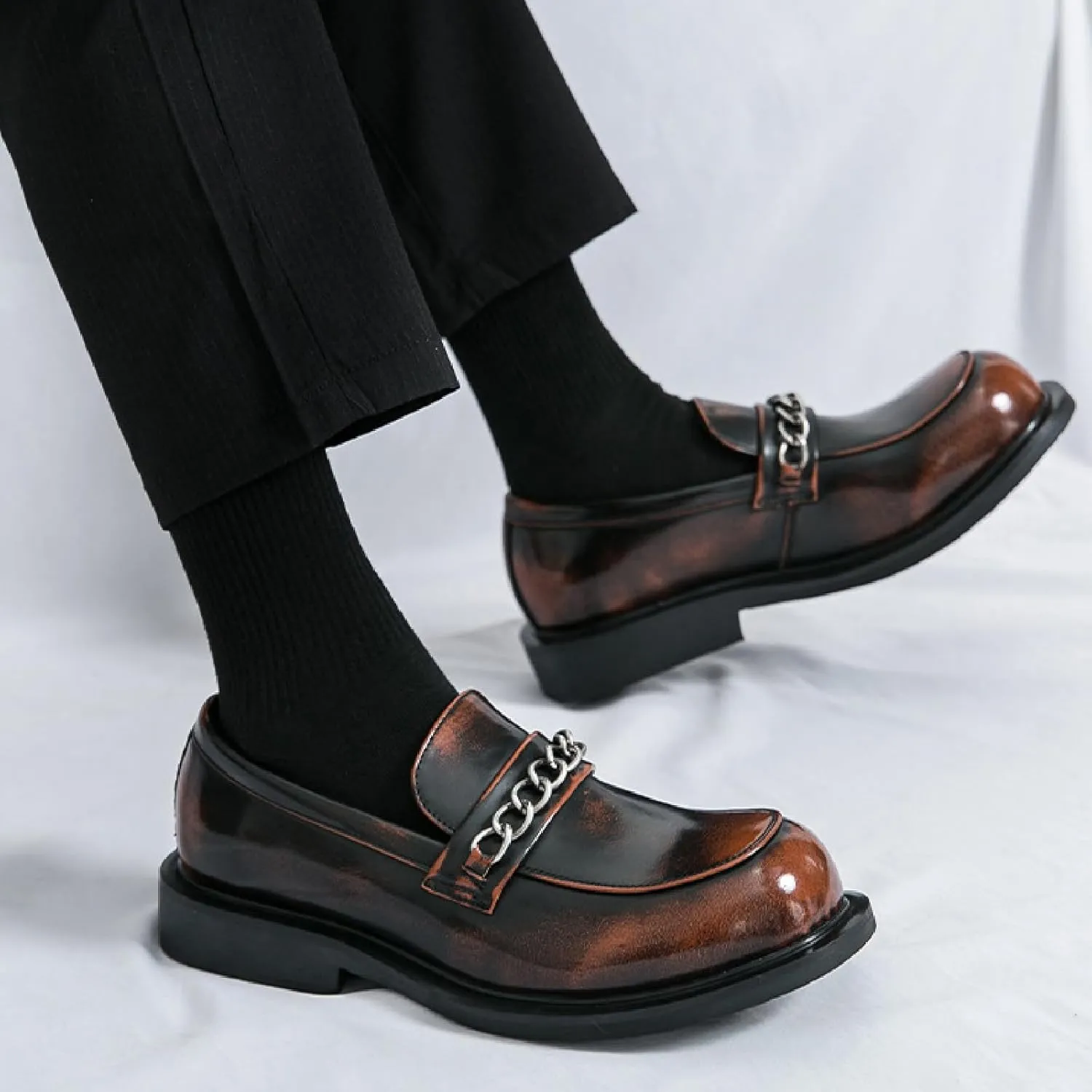 Men's Chain Penny Loafers Round Toe Soft Bottom Non-Slip Slip-On Low Heel Business Dress Shoes for Office Work Party