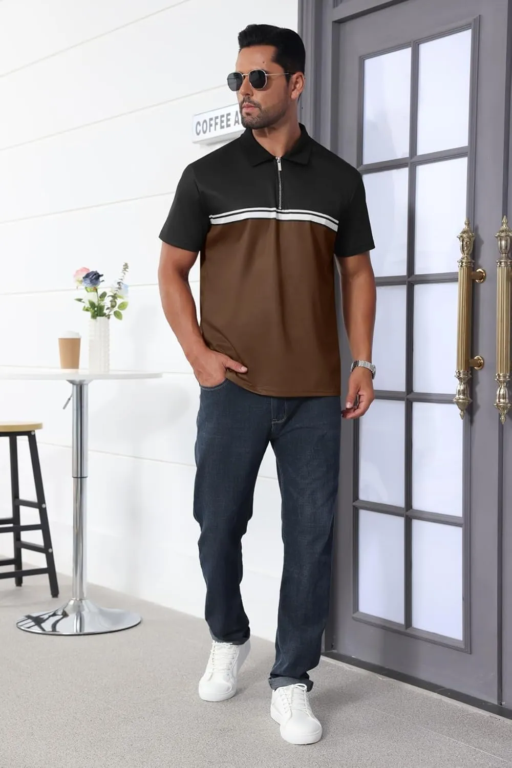 Mens Fashion Color Block Polo Shirts Casual Short Sleeve T Shirt Striped Moisture Wicking Golf Shirts Tops