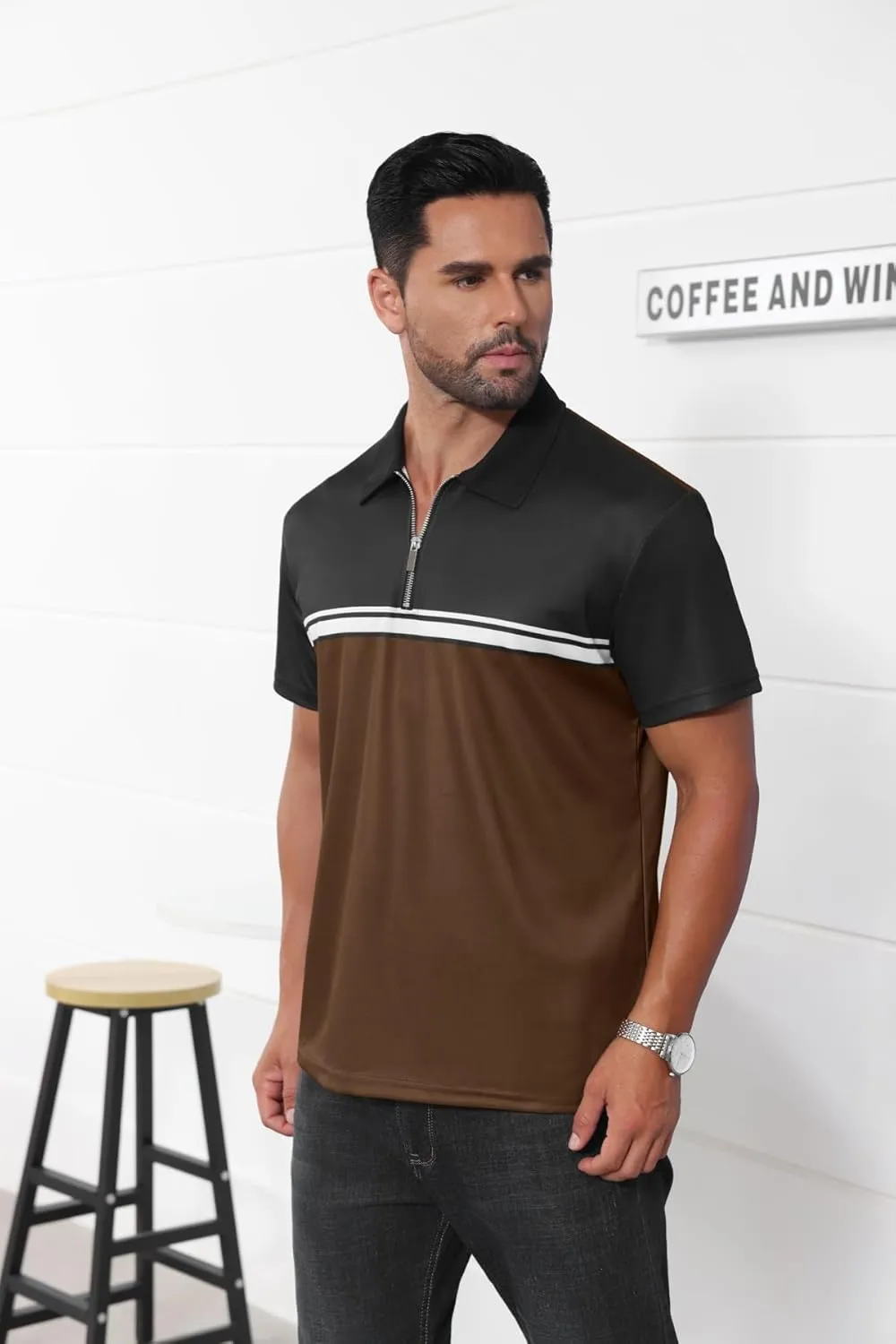Mens Fashion Color Block Polo Shirts Casual Short Sleeve T Shirt Striped Moisture Wicking Golf Shirts Tops