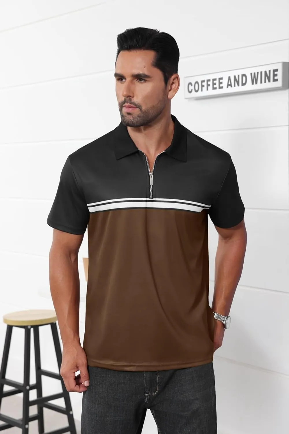 Mens Fashion Color Block Polo Shirts Casual Short Sleeve T Shirt Striped Moisture Wicking Golf Shirts Tops