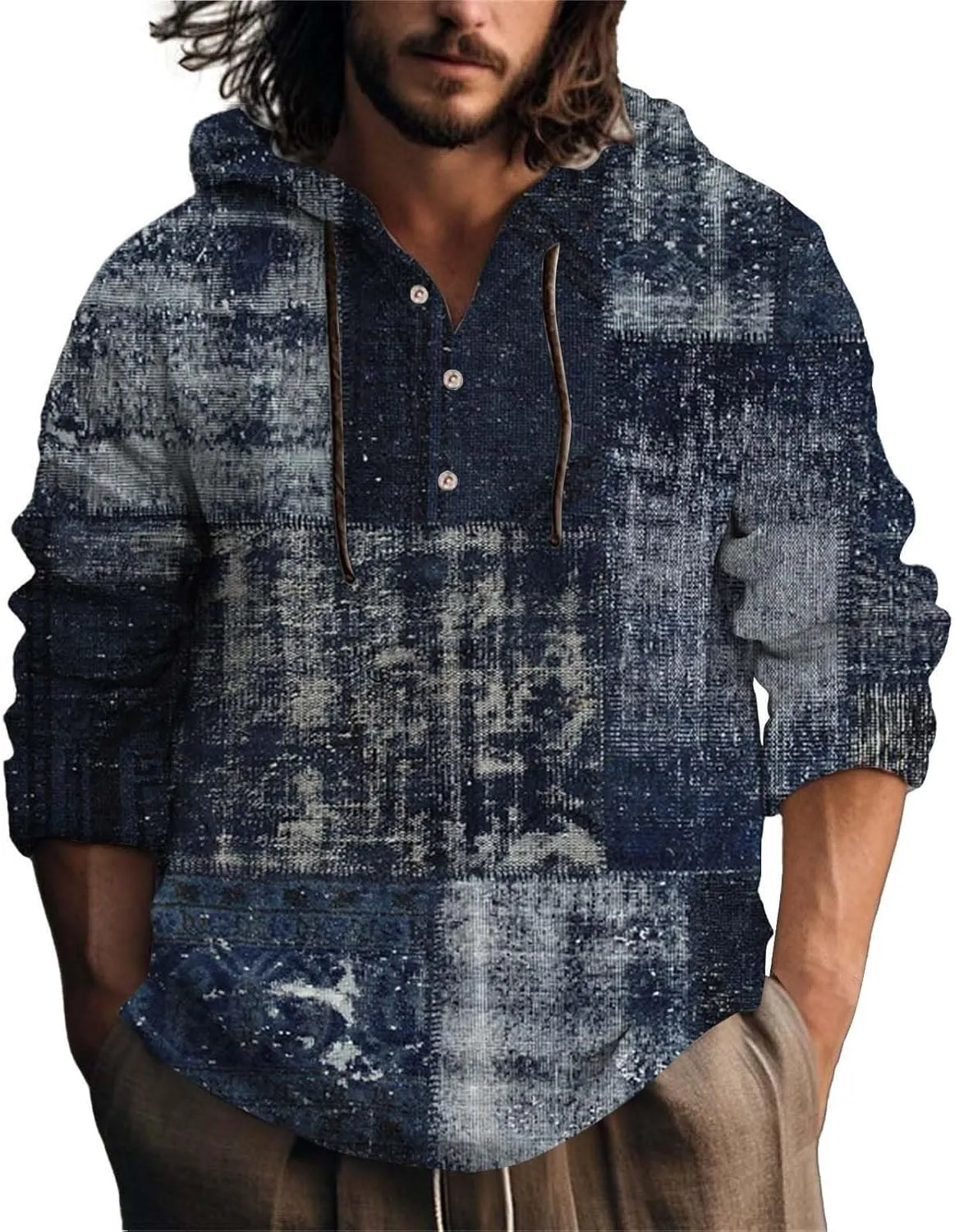 Men's Linen Shirts Hoodie Casual Button Down Shirt Men Long Sleeve Linen Chambray Shirt Mens Beach Shirts