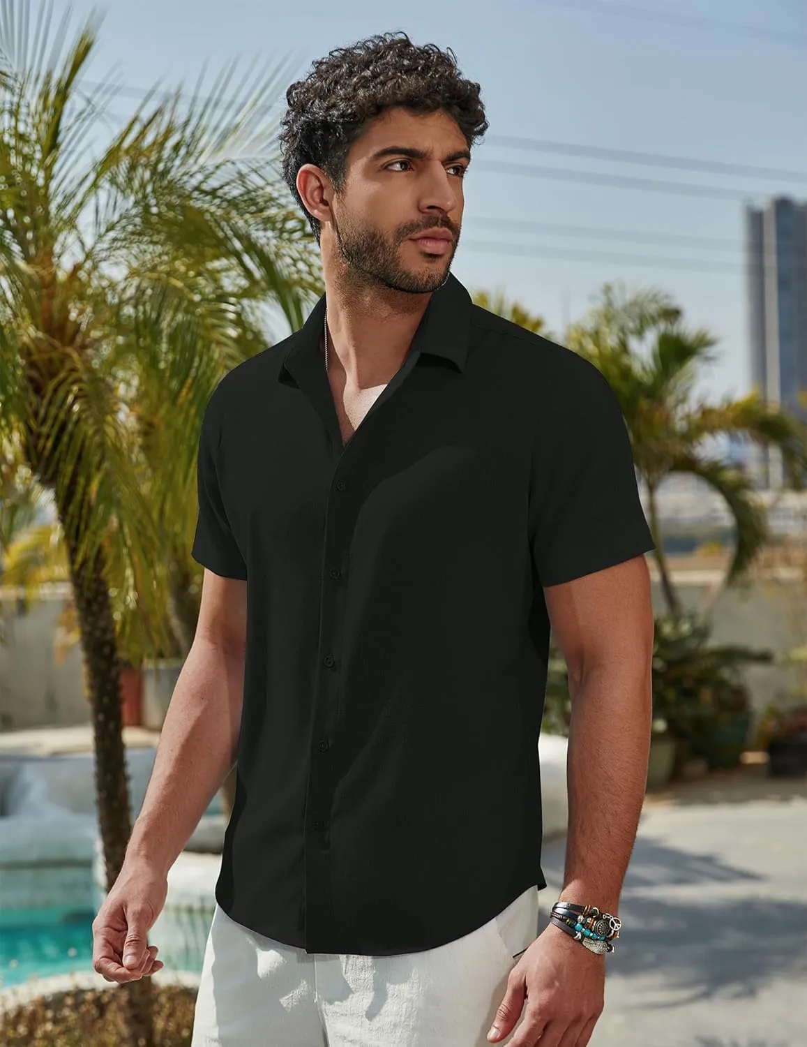 Men's Linen Shirts Short Sleeve Casual Button Down Shirts Summer Beach Wedding Vacation Cotton Tops