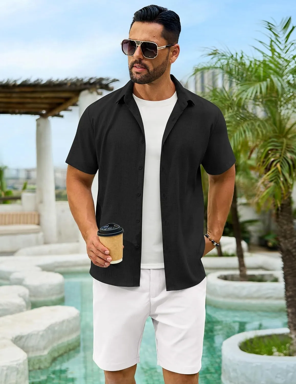 Men's Linen Shirts Short Sleeve Casual Button Down Shirts Summer Beach Wedding Vacation Cotton Tops