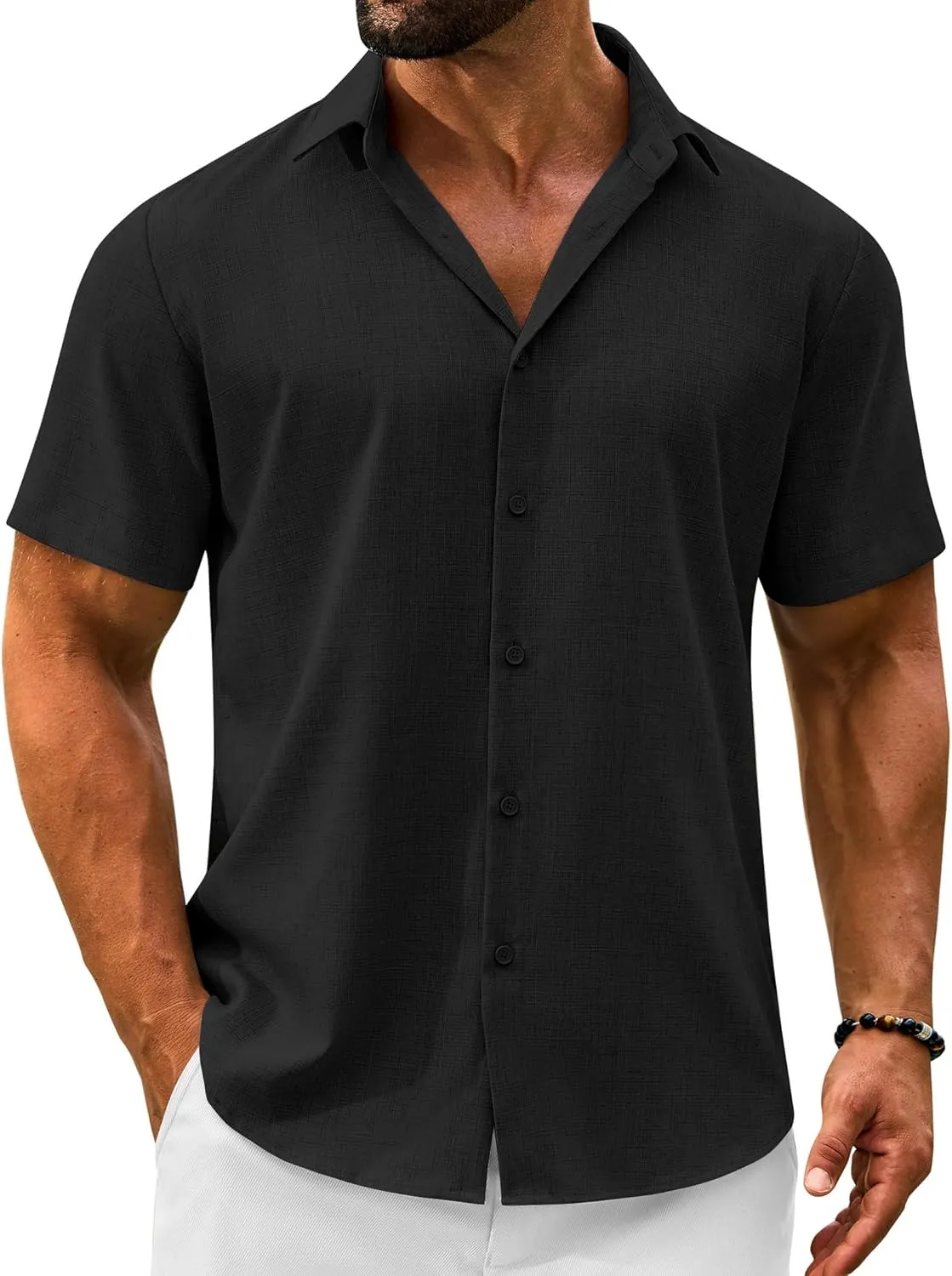 Men's Linen Shirts Short Sleeve Casual Button Down Shirts Summer Beach Wedding Vacation Cotton Tops