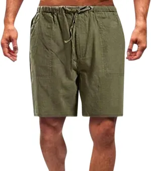 Mens Linen Shorts Elastic Waist Drawstring Wide Leg Bermuda Shorts for Men Loose Fit Lightweight Summer Beach Shorts