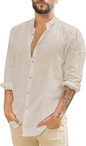 Men's Long Sleeve Button Down Shirts Casual Cotton Linen Shirts Summer Beach Shirt with Pocket