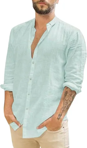 Men's Long Sleeve Button Down Shirts Casual Cotton Linen Shirts Summer Beach Shirt with Pocket