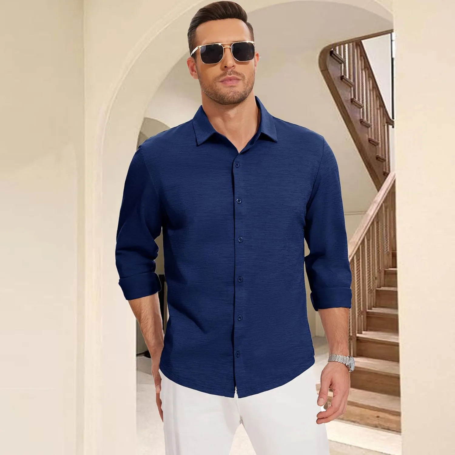 Men's Long Sleeve Casual Button Down Shirts Untucked Shirts for Men Business Stretch Wrinkle Free Dress Shirt