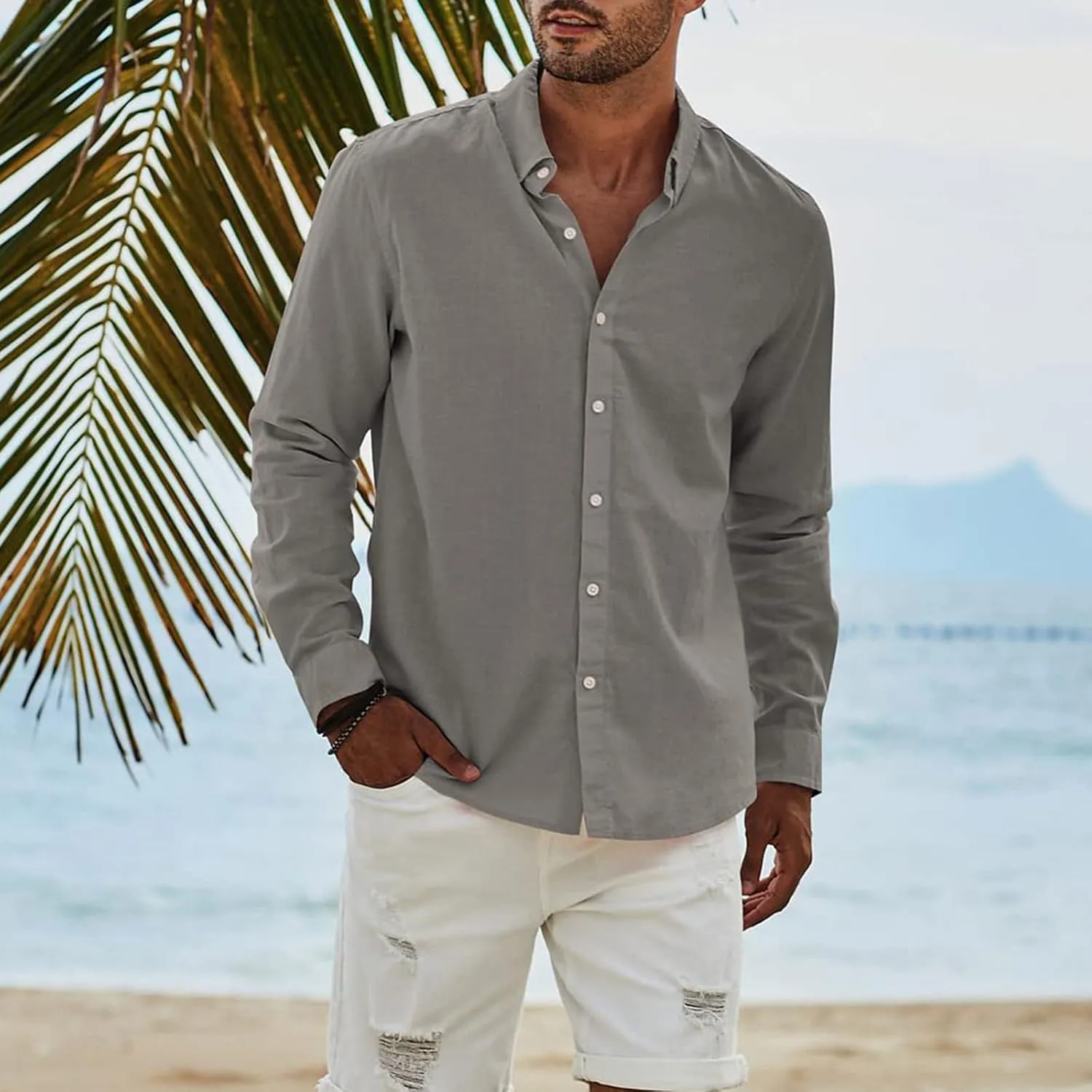 Mens Long Sleeve Dress Shirts Business Casual Button Down Regular Fit Vacation Beach Wedding Shirts with Pocket