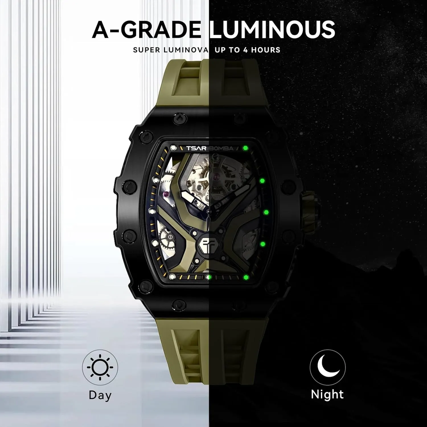 Men's Mechanical Watch Luxury Skeleton Analogue Watches for Men 50M Waterproof Tonneau Work Mens Wrist Watch Original Design Square Big Face Cool Wristwatch Silicone Strap