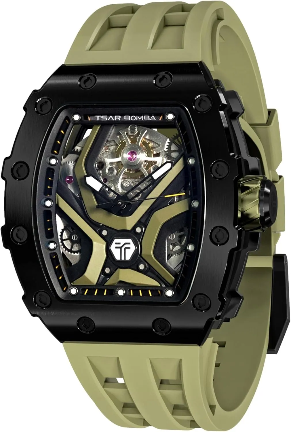 Men's Mechanical Watch Luxury Skeleton Analogue Watches for Men 50M Waterproof Tonneau Work Mens Wrist Watch Original Design Square Big Face Cool Wristwatch Silicone Strap