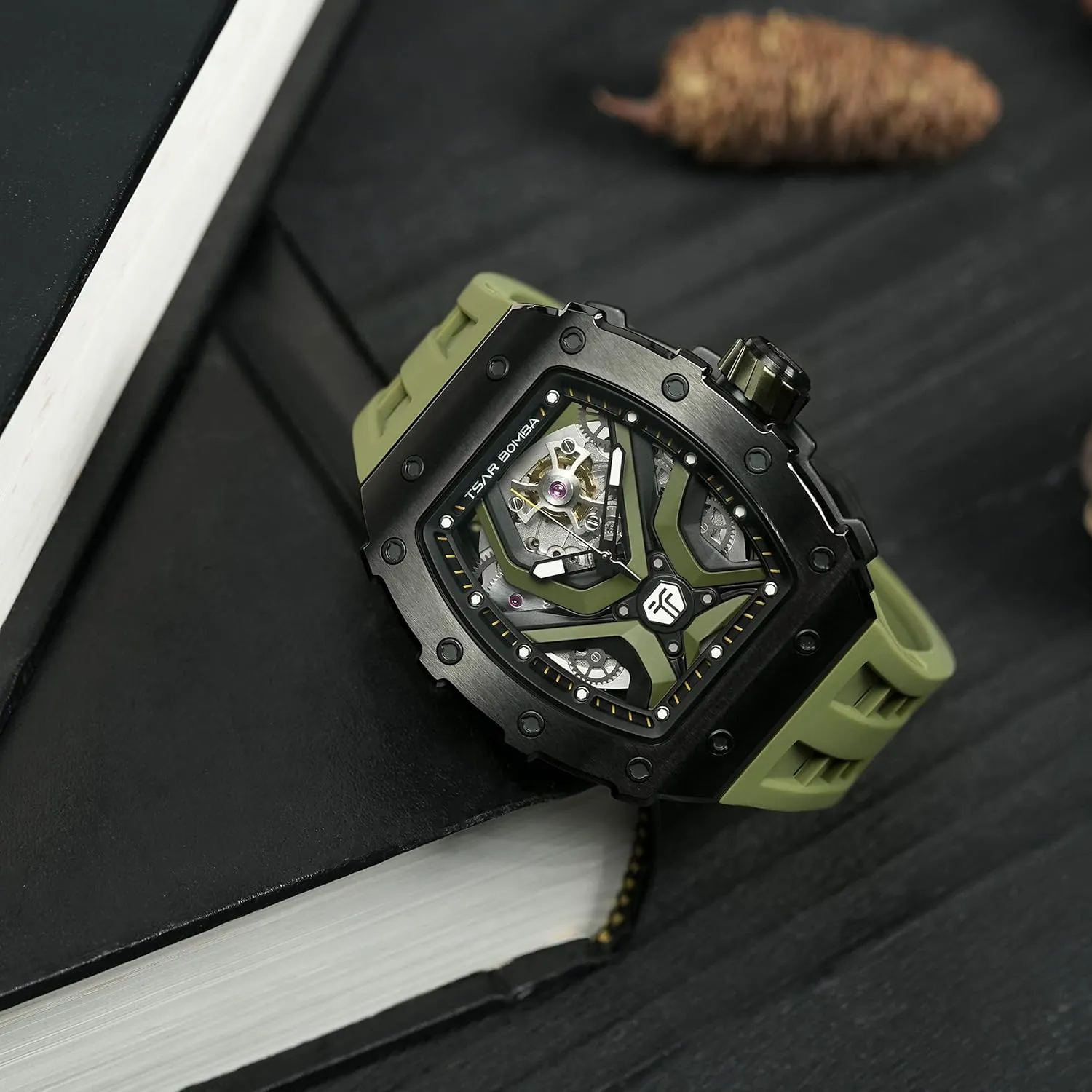Men's Mechanical Watch Luxury Skeleton Analogue Watches for Men 50M Waterproof Tonneau Work Mens Wrist Watch Original Design Square Big Face Cool Wristwatch Silicone Strap