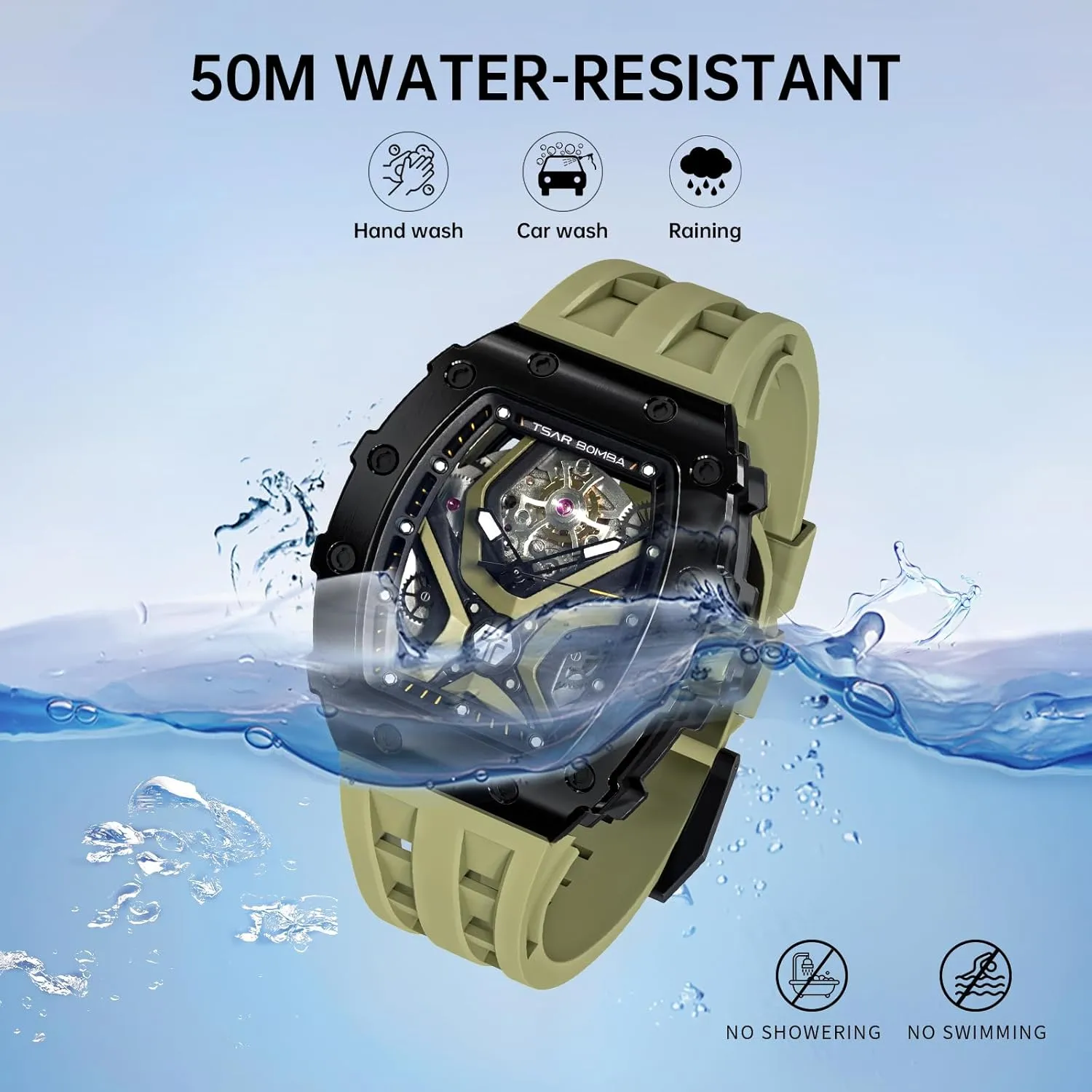 Men's Mechanical Watch Luxury Skeleton Analogue Watches for Men 50M Waterproof Tonneau Work Mens Wrist Watch Original Design Square Big Face Cool Wristwatch Silicone Strap