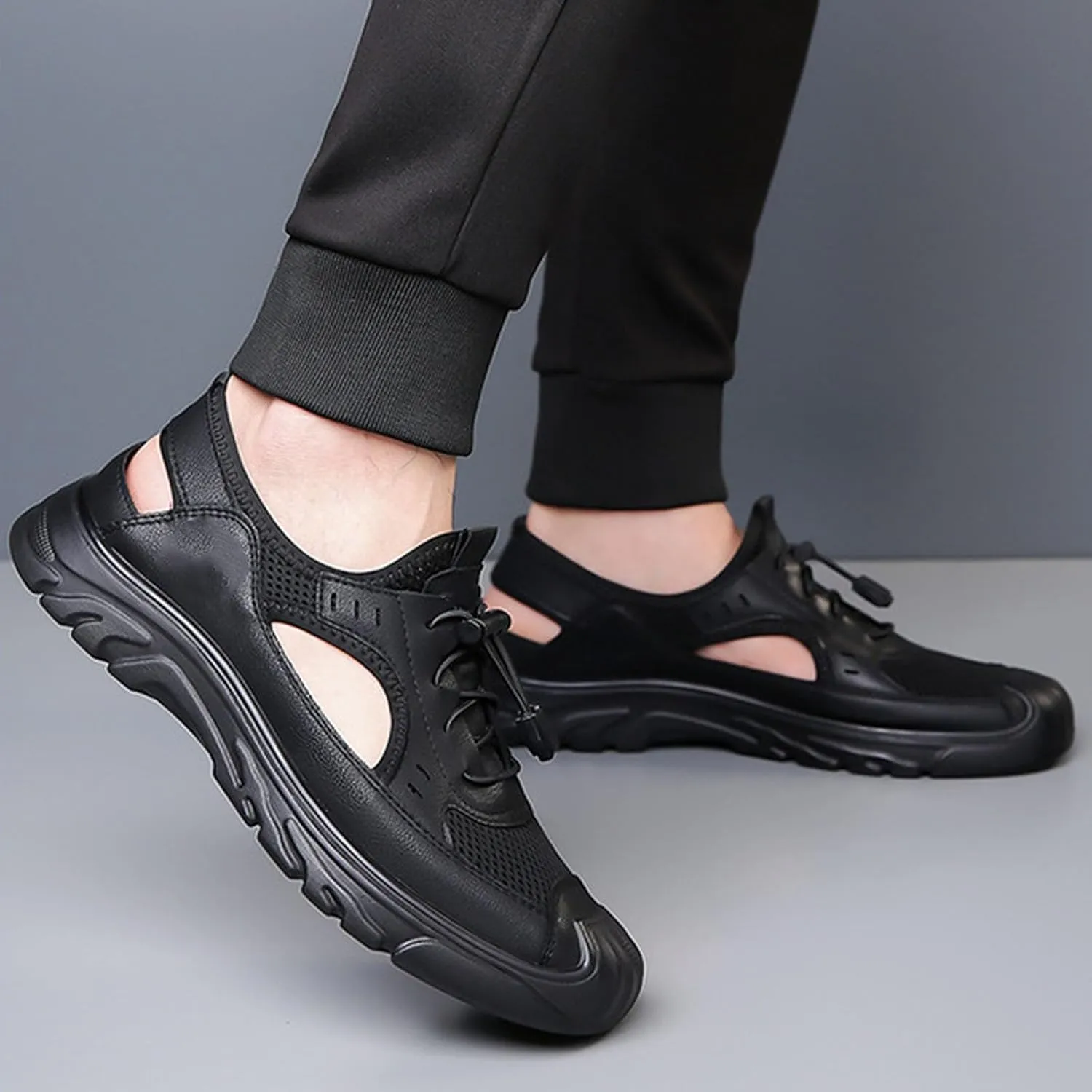 Men's Mesh Sport Sandals, Breathable Adjustable Lace Up Men's Closed Toe Summer Shoes Casual Lightweight Hiking Work Driving Sandals