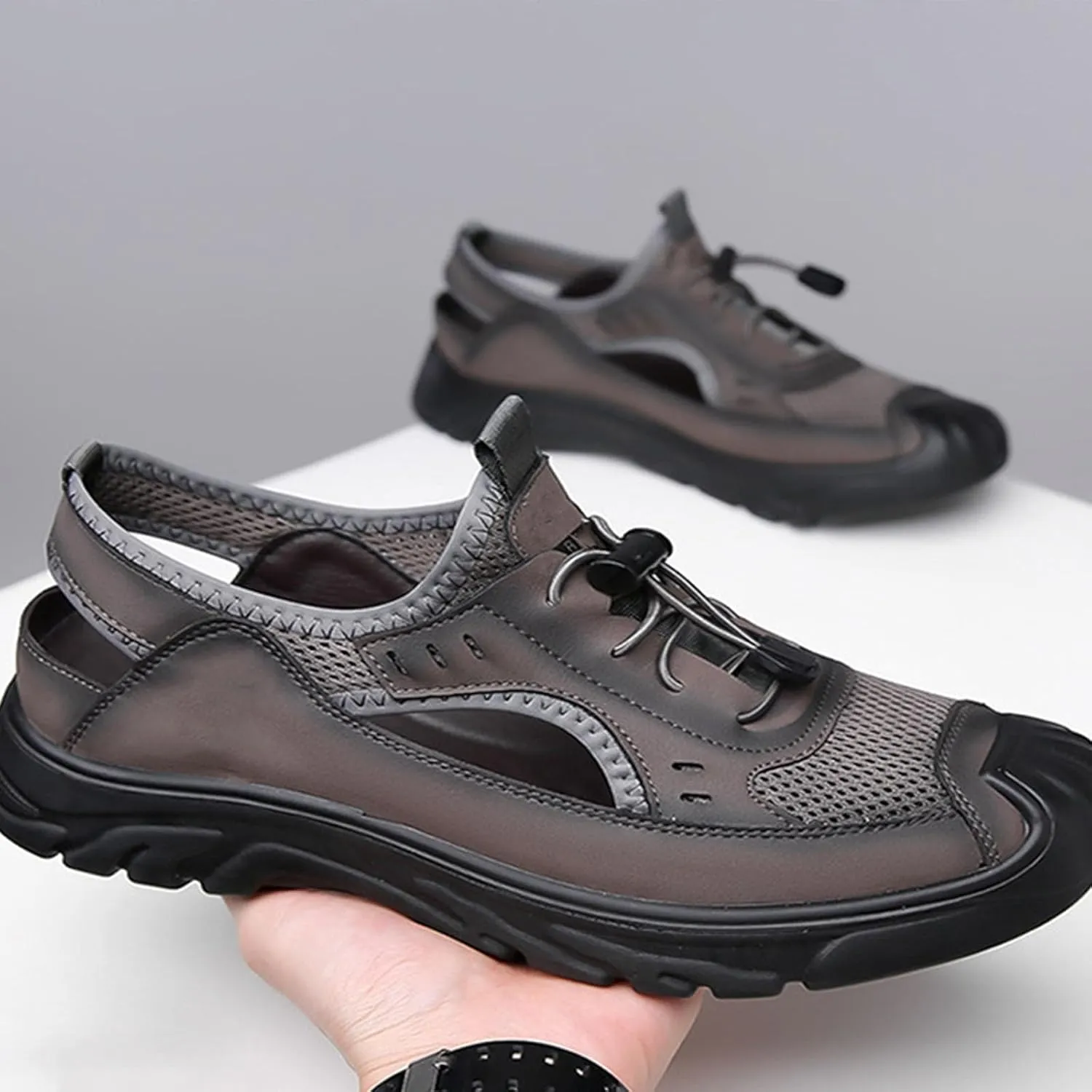 Men's Mesh Sport Sandals, Breathable Adjustable Lace Up Men's Closed Toe Summer Shoes Casual Lightweight Hiking Work Driving Sandals