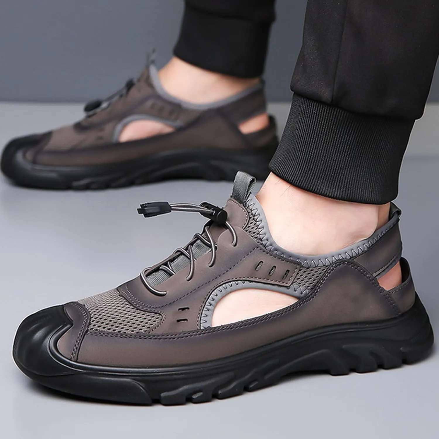 Men's Mesh Sport Sandals, Breathable Adjustable Lace Up Men's Closed Toe Summer Shoes Casual Lightweight Hiking Work Driving Sandals
