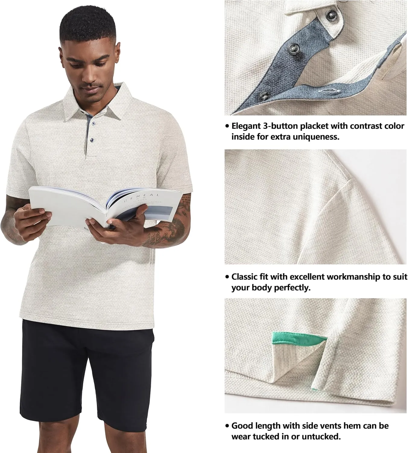 Men's Polo Shirts Short Sleeve Cotton Blend Moisture Wicking Dry Fit Performance Collared Golf Shirts for Men