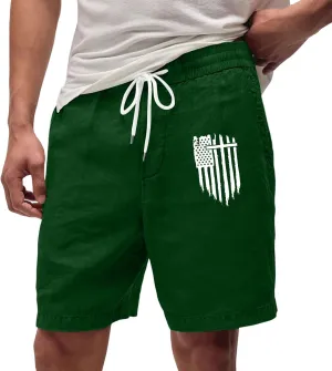 Men's Shorts Casual Drawstring Shorts with USA Flag Patch Elastic Waist Summer Loose Fit Beach Shorts with Pockets