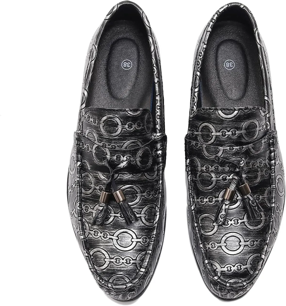 Men's Slip on Leather Dress Shoes with Ornate Chain Link Pattern Black Loafers Formal Shoes