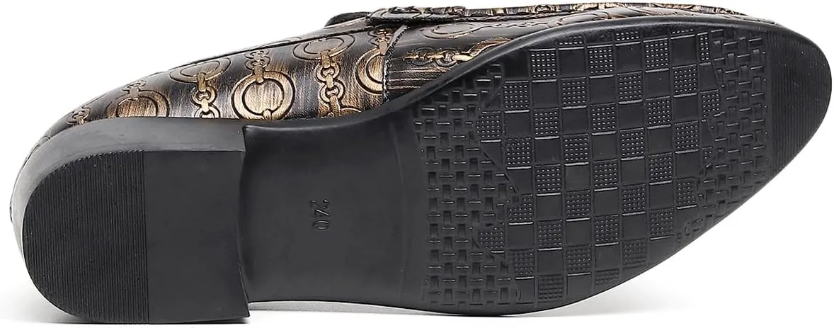 Men's Slip on Leather Dress Shoes with Ornate Chain Link Pattern Black Loafers Formal Shoes