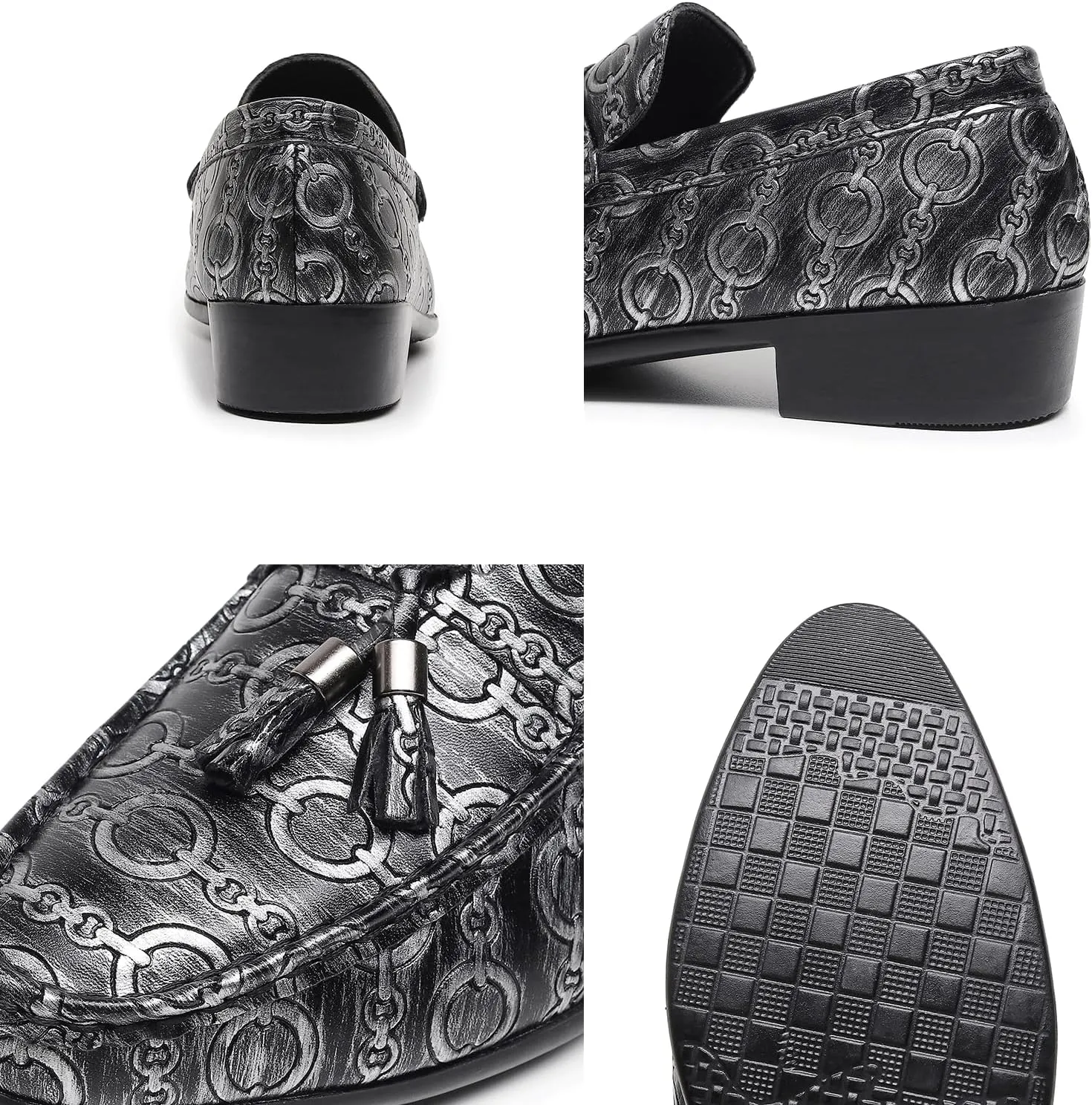 Men's Slip on Leather Dress Shoes with Ornate Chain Link Pattern Black Loafers Formal Shoes