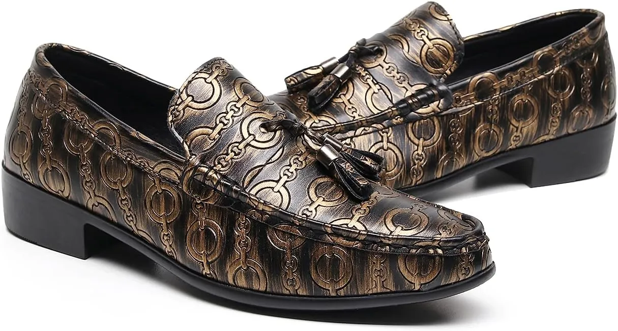 Men's Slip on Leather Dress Shoes with Ornate Chain Link Pattern Black Loafers Formal Shoes
