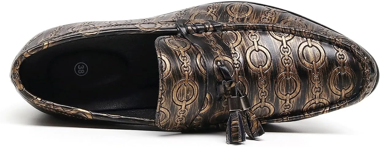 Men's Slip on Leather Dress Shoes with Ornate Chain Link Pattern Black Loafers Formal Shoes