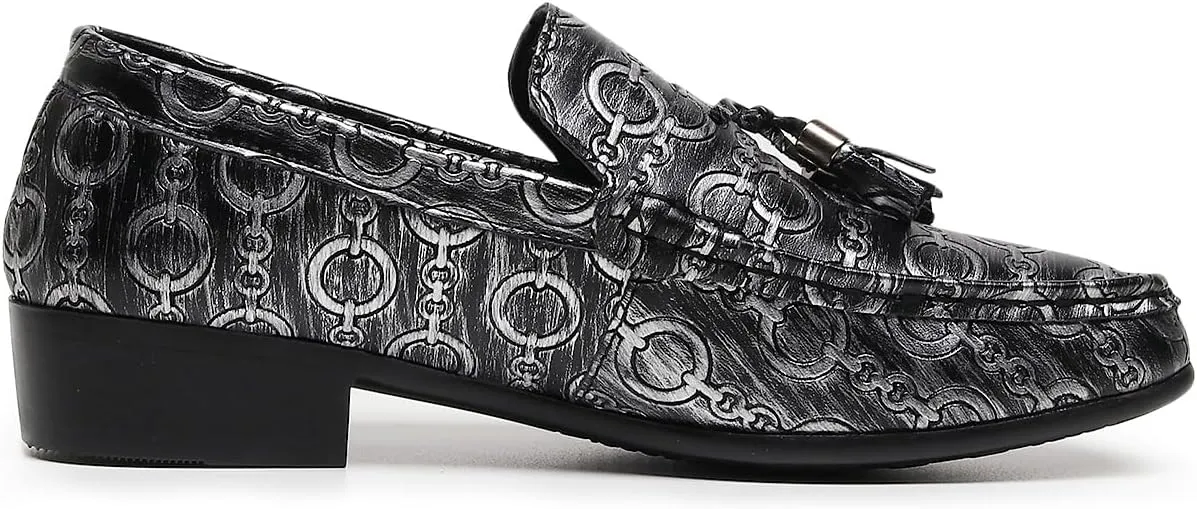 Men's Slip on Leather Dress Shoes with Ornate Chain Link Pattern Black Loafers Formal Shoes