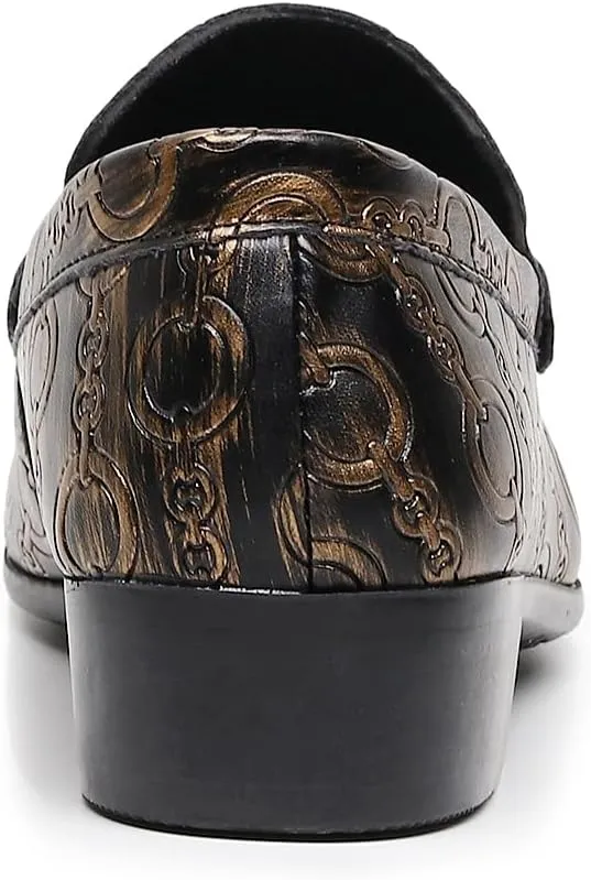 Men's Slip on Leather Dress Shoes with Ornate Chain Link Pattern Black Loafers Formal Shoes