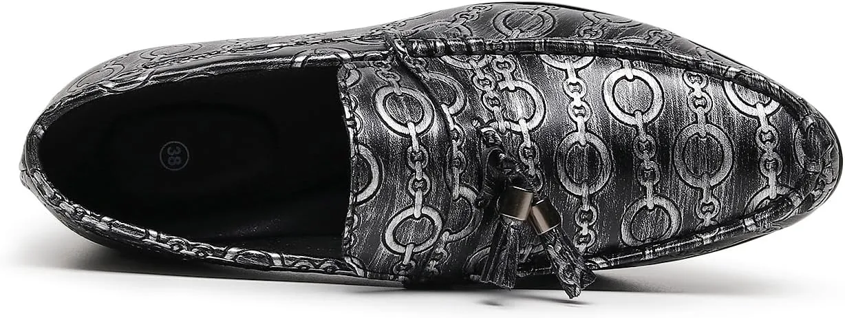 Men's Slip on Leather Dress Shoes with Ornate Chain Link Pattern Black Loafers Formal Shoes