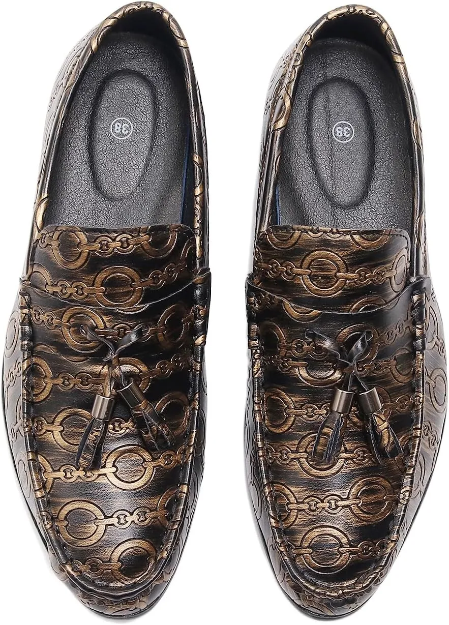 Men's Slip on Leather Dress Shoes with Ornate Chain Link Pattern Black Loafers Formal Shoes