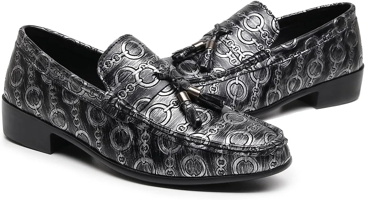 Men's Slip on Leather Dress Shoes with Ornate Chain Link Pattern Black Loafers Formal Shoes