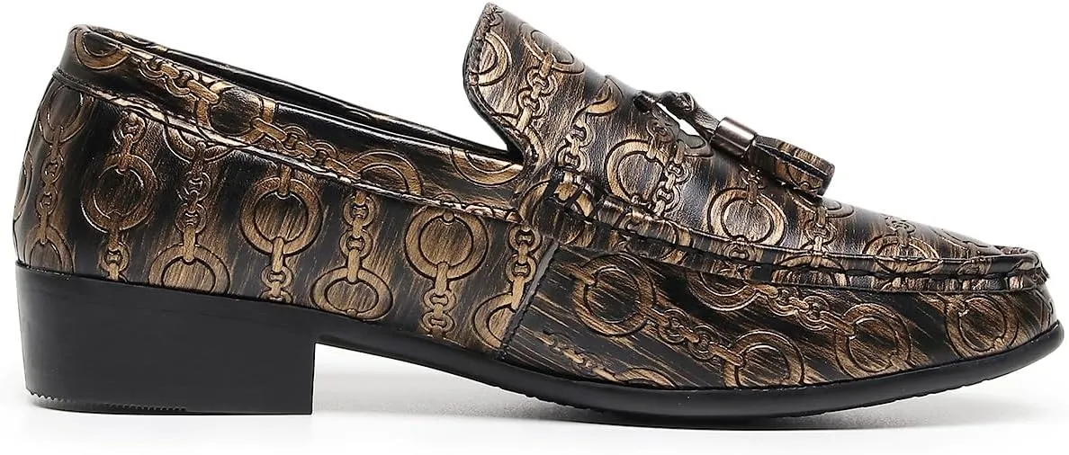 Men's Slip on Leather Dress Shoes with Ornate Chain Link Pattern Black Loafers Formal Shoes
