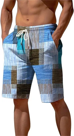 Mens Summer Plaid Printed Beach Shorts Loose Fit Straight Leg Casual Shorts Elastic Waist Drawstring Stylish Board Shorts